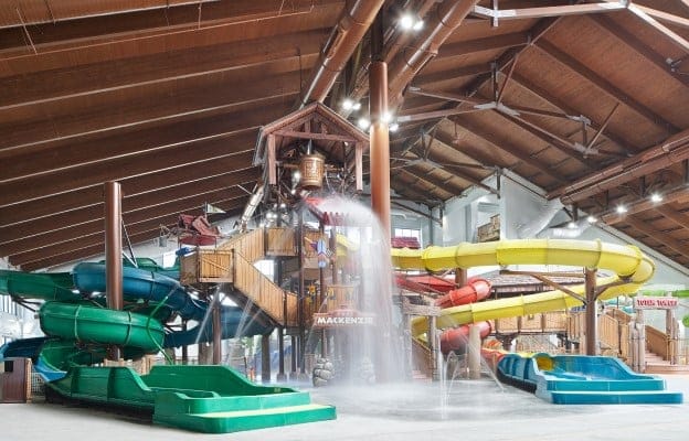 Indoor view of the Great Wolf Lodge indoor water slides 