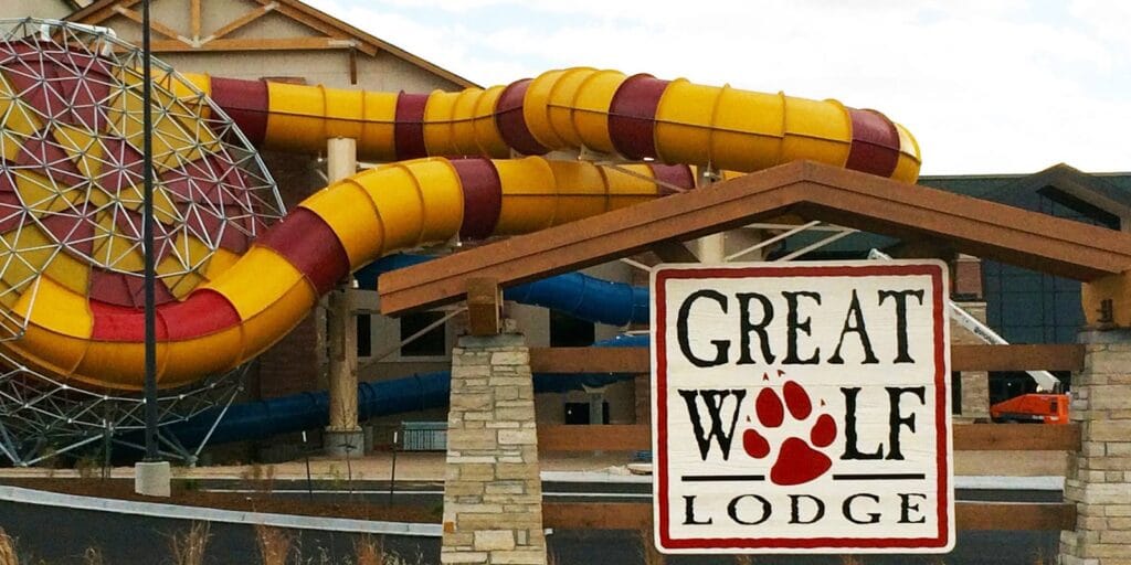 View of the waterslides from outside Great Wolf Lodge